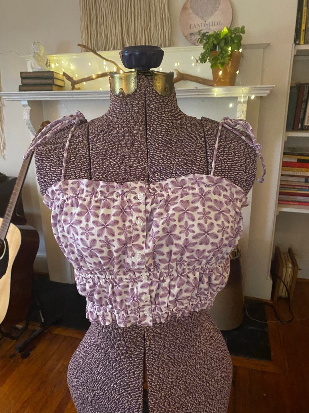 Aerie Smocked Button front crop blouse Chambray Tie Straps Small